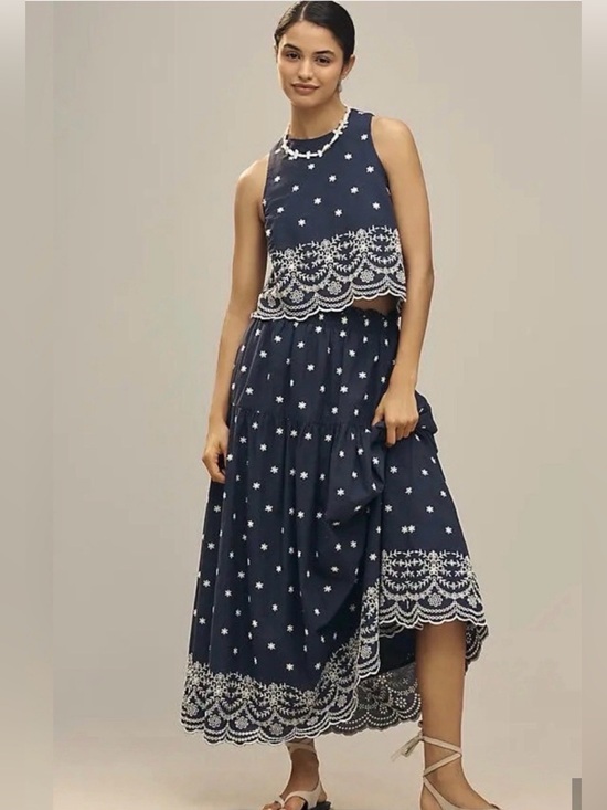 En Saison Other - En Saison Nara Dark navy blue embroidered skirt & top set medium scallop hem NWT